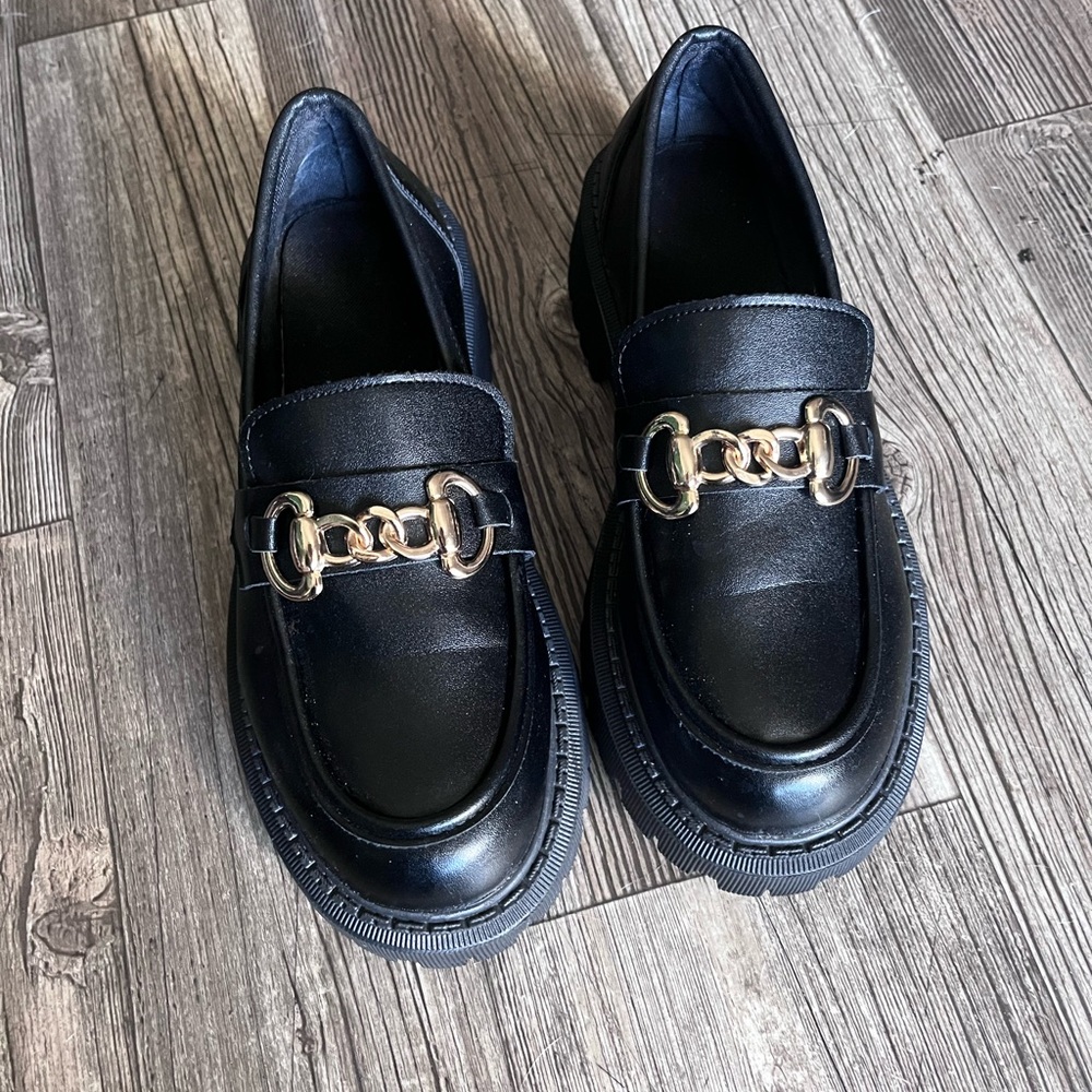 Black Loafers with Gold Chain Detail